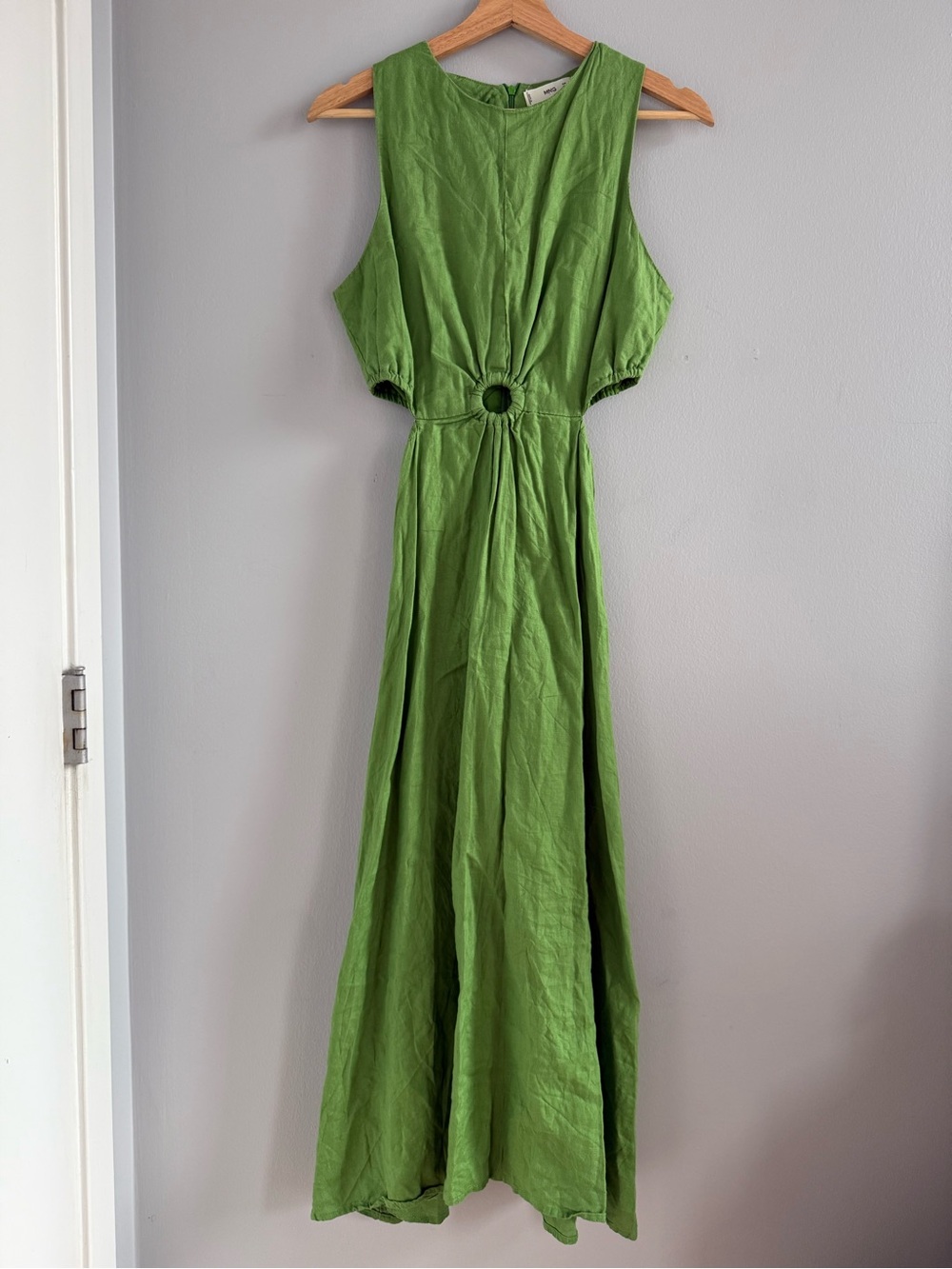 Mango 100% Linen Green Maxi Dress with Cutout Waist